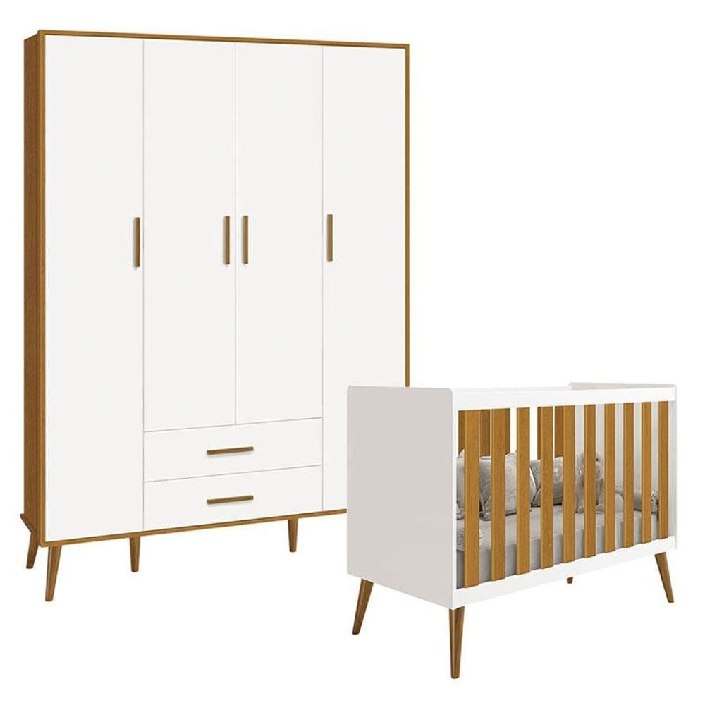 Berço Americano e Guarda Roupa Infantil 4 Portas Isis Branco Acetinado Savana - Reller
