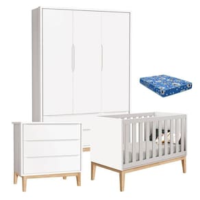 Quarto de Bebê Classic 3 Portas com Colchão e Cômoda Gaveteiro Branco Pés Madeira Natural - Reller