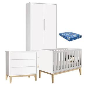 Quarto de Bebê Classic 2 Portas com Colchão e Cômoda Gaveteiro Branco Pés Madeira Natural – Reller