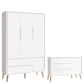 Cômoda Infantil com Porta e Guarda Roupa 3 Portas Theo Branco Acetinado Pés Madeira Natural – Reller