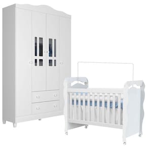 Berço Americano New Nanda e Guarda Roupa Infantil Ariel 4 Portas Branco Brilho – Carolina