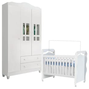 Berço Americano New Nanda e Guarda Roupa Infantil Ariel 3 Portas Branco Brilho – Carolina
