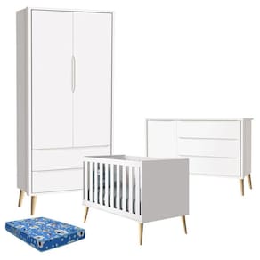 Quarto de Bebê Theo 2 Portas com Colchão Branco Acetinado Pés Madeira Natural - Reller