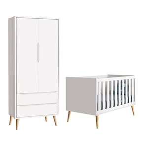 Berço Americano e Guarda Roupa 2 Portas Infantil Theo Branco Acetinado com Pés Madeira Natural – Reller