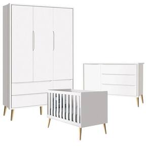 Quarto de Bebê Theo 3 Portas com Cômoda Branco Acetinado Pés Madeira Natural - Reller