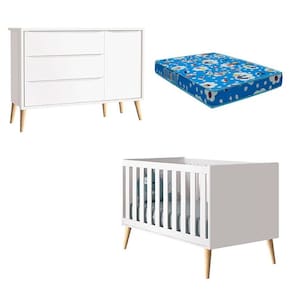 Berço Americano e Cômoda com Porta Infantil Theo Branco Acetinado Pés Madeira Natural e Colchão – Reller
