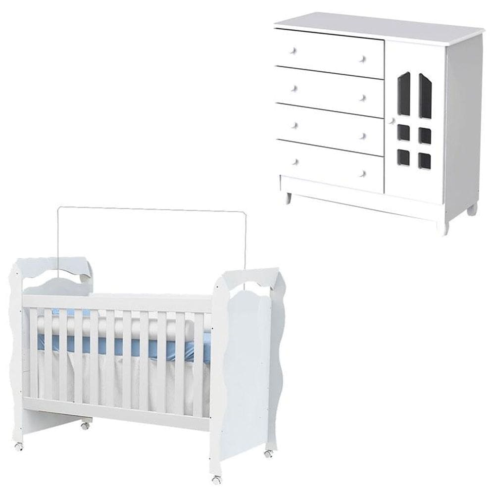 Berço Americano New Nanda e Cômoda Infantil Selena Branco Brilho – Carolina