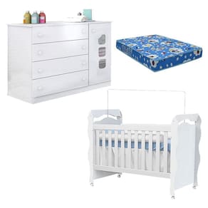 Berço Americano New Nanda com Cômoda Lívia Branco Brilho e Colchão Ortobom – Phoenix