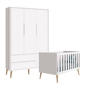 Berço Americano e Guarda Roupa 3 Portas Infantil Theo Branco Acetinado com Pés Madeira Natural – Reller