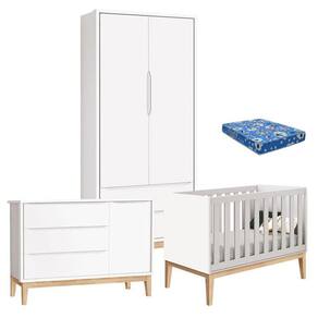 Quarto de Bebê Classic 2 Portas com Colchão Branco Pés Madeira Natural - Reller