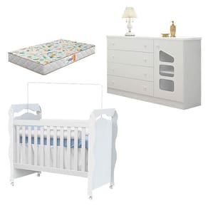Berço Americano New Nanda com Cômoda Eloisa Branco Brilho e Colchão Gazin – Phoenix