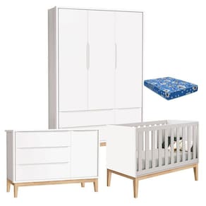 Quarto de Bebê Classic 3 Portas com Colchão Branco Pés Madeira Natural - Reller