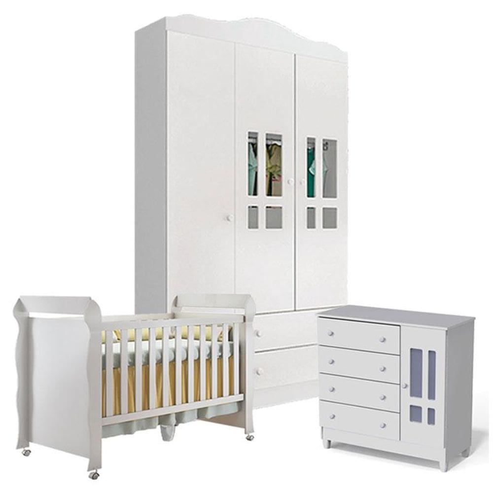 Quarto de Bebê Ariel 3 Portas com Berço Mirelle Branco Brilho - Carolina