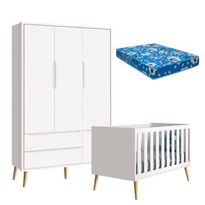 Berço Americano e Guarda Roupa 3 Portas Infantil Theo Branco Acetinado com Pés Madeira Natural e Colchão – Reller