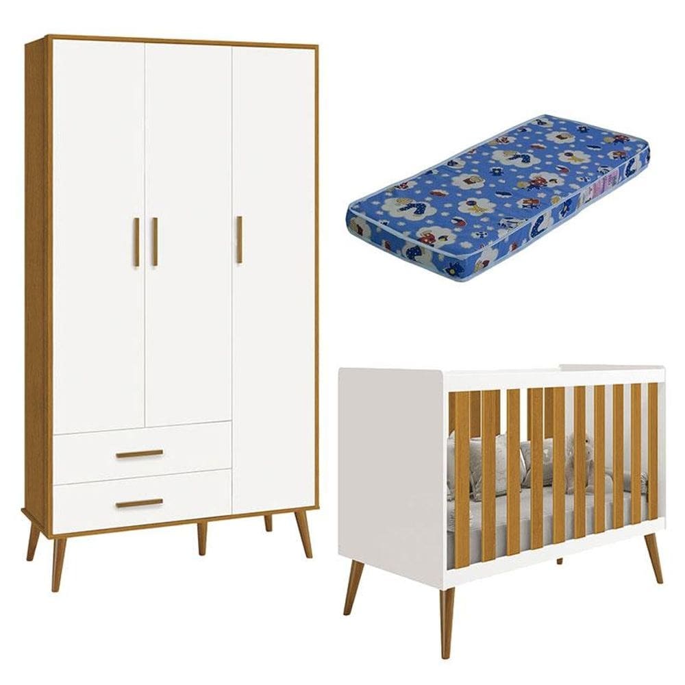 Berço Americano e Guarda Roupa Infantil 3 Portas Isis Branco Acetinado Savana com Colchão Ortobom - Reller