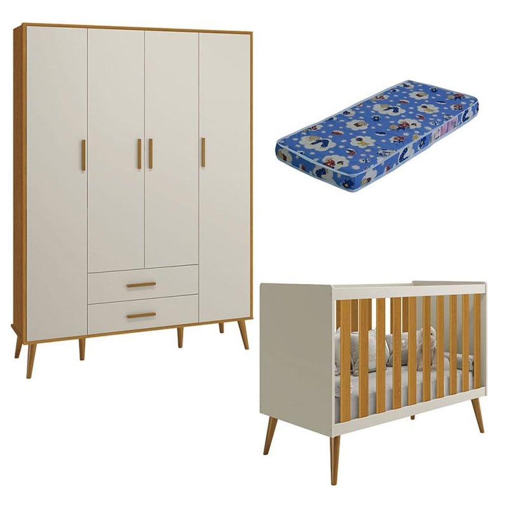 Berço Americano e Guarda Roupa Infantil 4 Portas Isis Areia Acetinado Savana com Colchão Ortobom - Reller