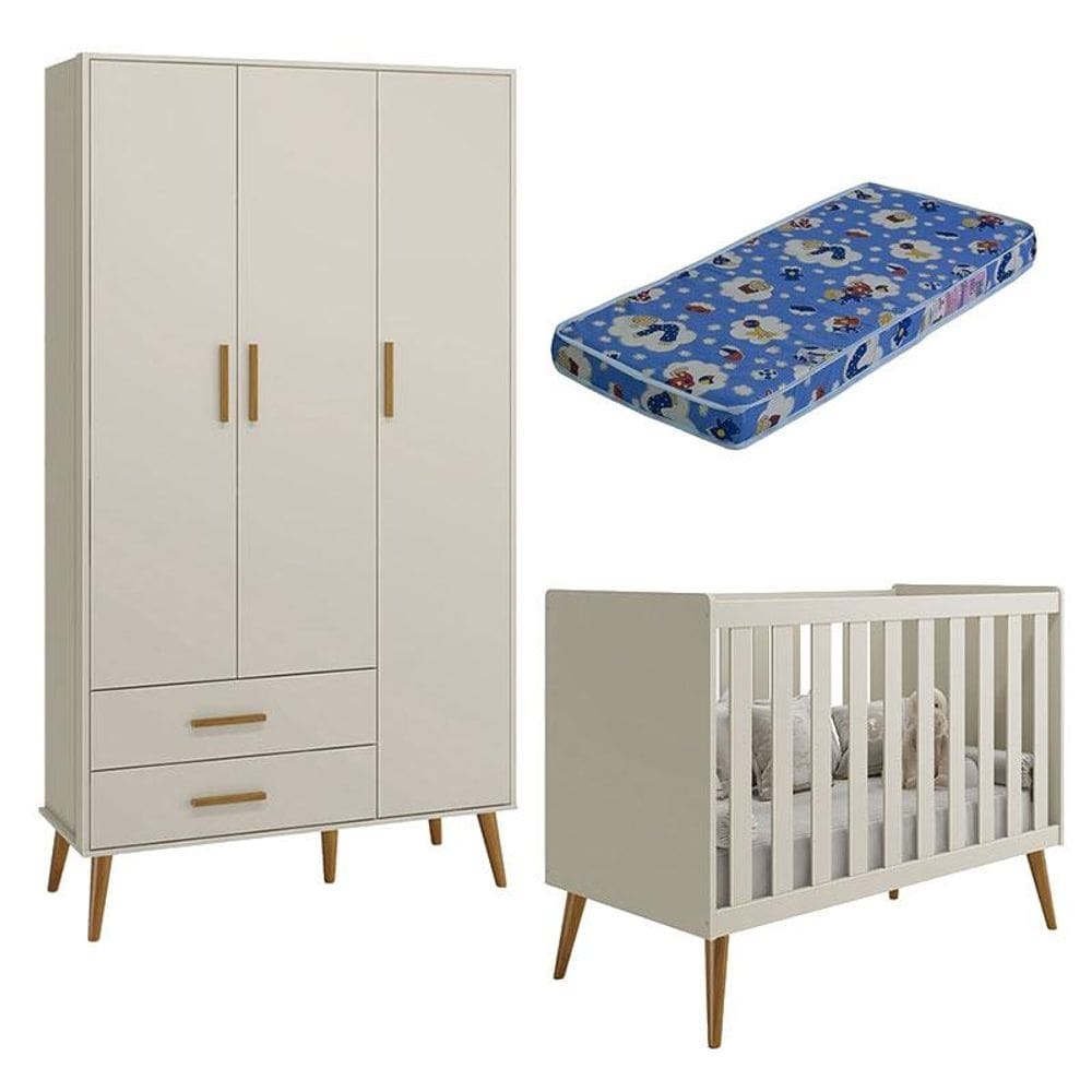 Berço Americano e Guarda Roupa Infantil 3 Portas Isis Areia Acetinado com Colchão Ortobom - Reller