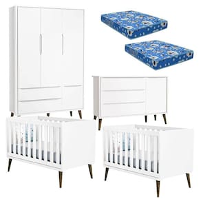 Quarto de Bebê Theo 3 Portas com 02 Berços Branco Acetinado com Pés Amadeirados e Colchão – Reller