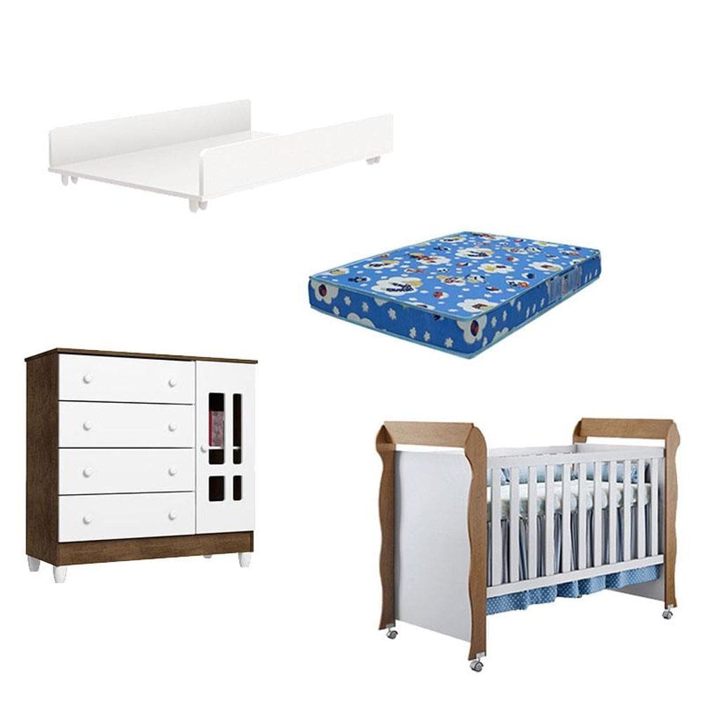 Berço Americano Mirelle Cômoda 1 Porta Ariel Branco Acetinado Amadeirado e Trocador Juju Com Colchão Ortobom – Carolina