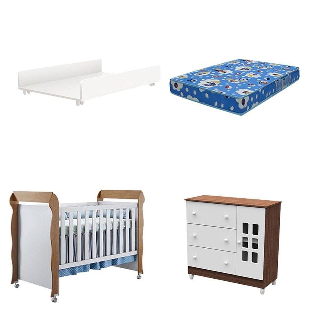 Berço Americano Mirelle Cômoda Mariah 1 Porta Branco Acetinado Amadeirado e Trocador Juju Com Colchão Ortobom - Carolina