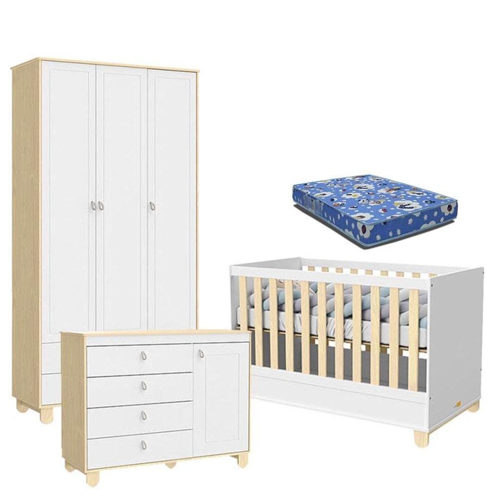 Quarto de Bebê 3 Portas Cômoda com Porta Rope Natural Branco Acetinado com Colchão - Matic