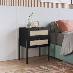 Mesa de Cabeceira 2 Gavetas Palhinha Pé Madeira Oslo Nero/Preto