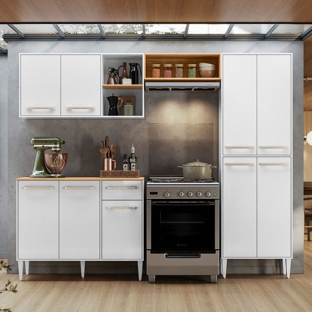 Cozinha Compacta Mariah 9 Portas 1 Gaveta Branco/Freijó