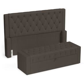 Cabeceira e Calçadeira Báu Queen Size Atena 160cm Capitonê Linho Cacau - Desk Design
