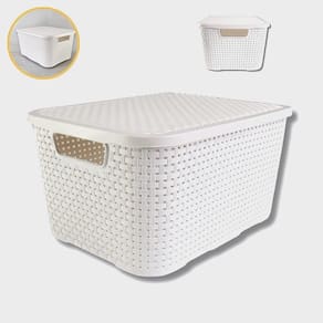 Caixa Plastica Organizadora 15 Litros Cesto Multiuso Branca Tampa Empilhavel Decorativa Documentos Arquivo Brinquedos