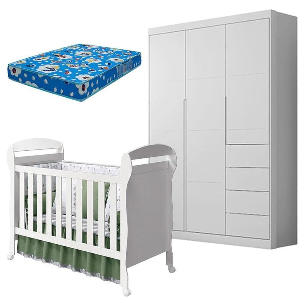 Berço Americano Danny e Guarda Roupa Infantil Eloá Branco Acetinado com Colchão Ortobom – Phoenix Baby