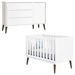 Berço Americano e Cômoda com Porta Infantil Theo Branco Acetinado com Pés Amadeirado – Reller