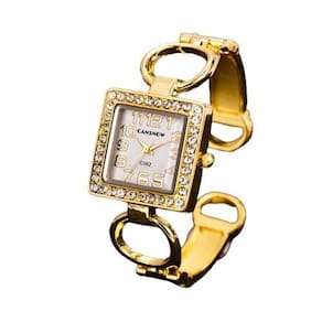 Relógio feminino bracelete quadrado luxo dourado brilhante