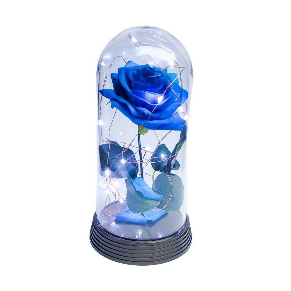 Luminária a rosa encantada azul 20 cm base ouro frio