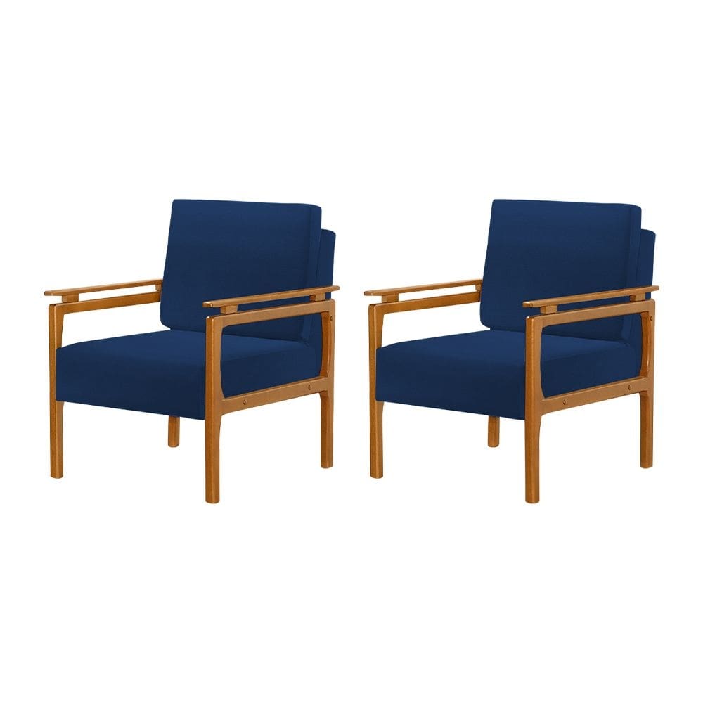 Kit 2 Poltronas Decorativa Pés de Madeira Maciça Yasmin Veludo Azul