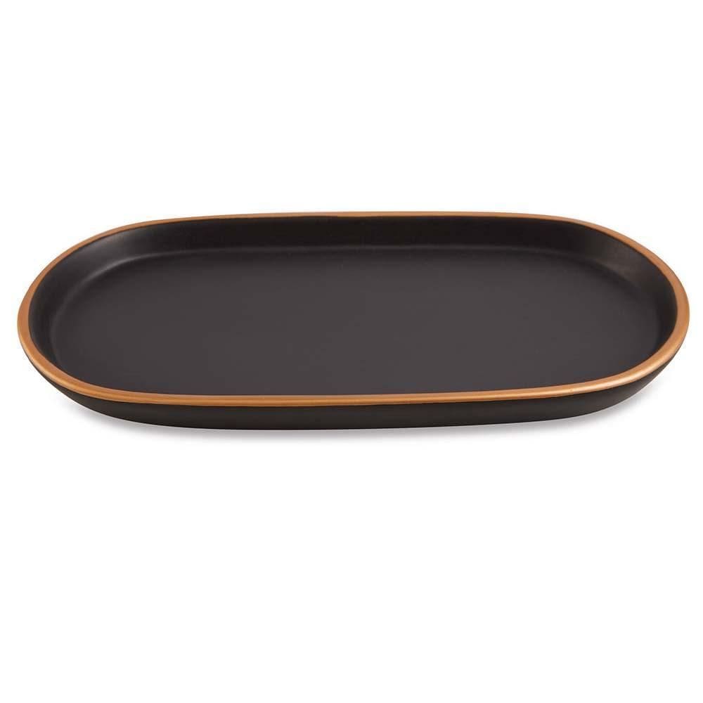 Bandeja oval em cerâmica preta com borda dourada 27cm