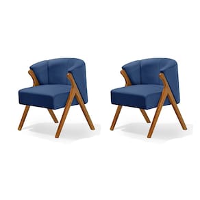 Kit 2 Poltronas Luxo Moderna Luna Pés em Madeira Maciça Veludo Azul