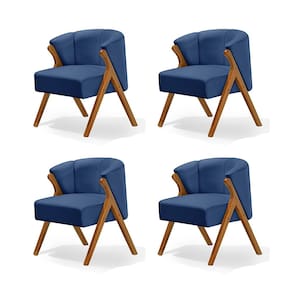 Kit 4 Poltronas Luxo Moderna Luna Pés em Madeira Maciça Veludo Azul