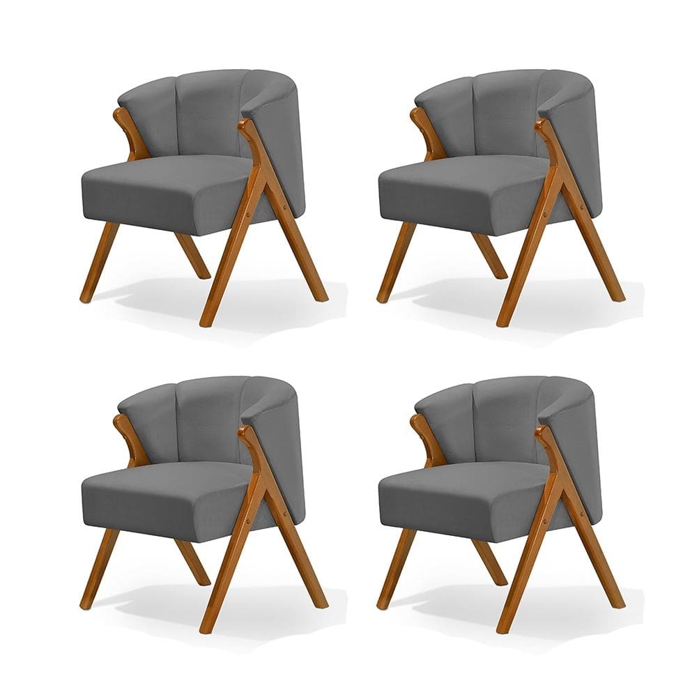 Kit 4 Poltronas Luxo Moderna Luna Pés em Madeira Maciça Veludo Cinza
