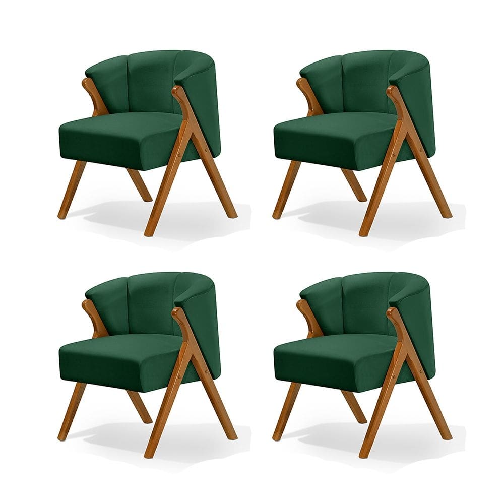 Kit 4 Poltronas Luxo Moderna Luna Pés em Madeira Maciça Veludo Verde