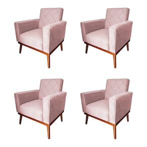 Kit 4 Poltronas Living Base em Madeira Maciça Caribe Veludo Rosê