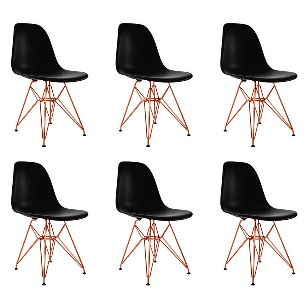 Kit 6 Cadeiras Jantar Assento Preto Eiffel Eames Base Ferro Cobre