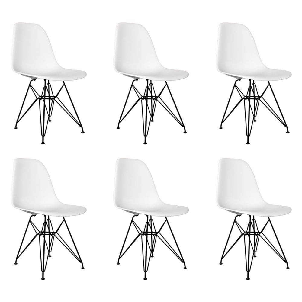 Kit 6 Cadeiras Jantar Assento Branco Eiffel Eames Base Ferro Preto