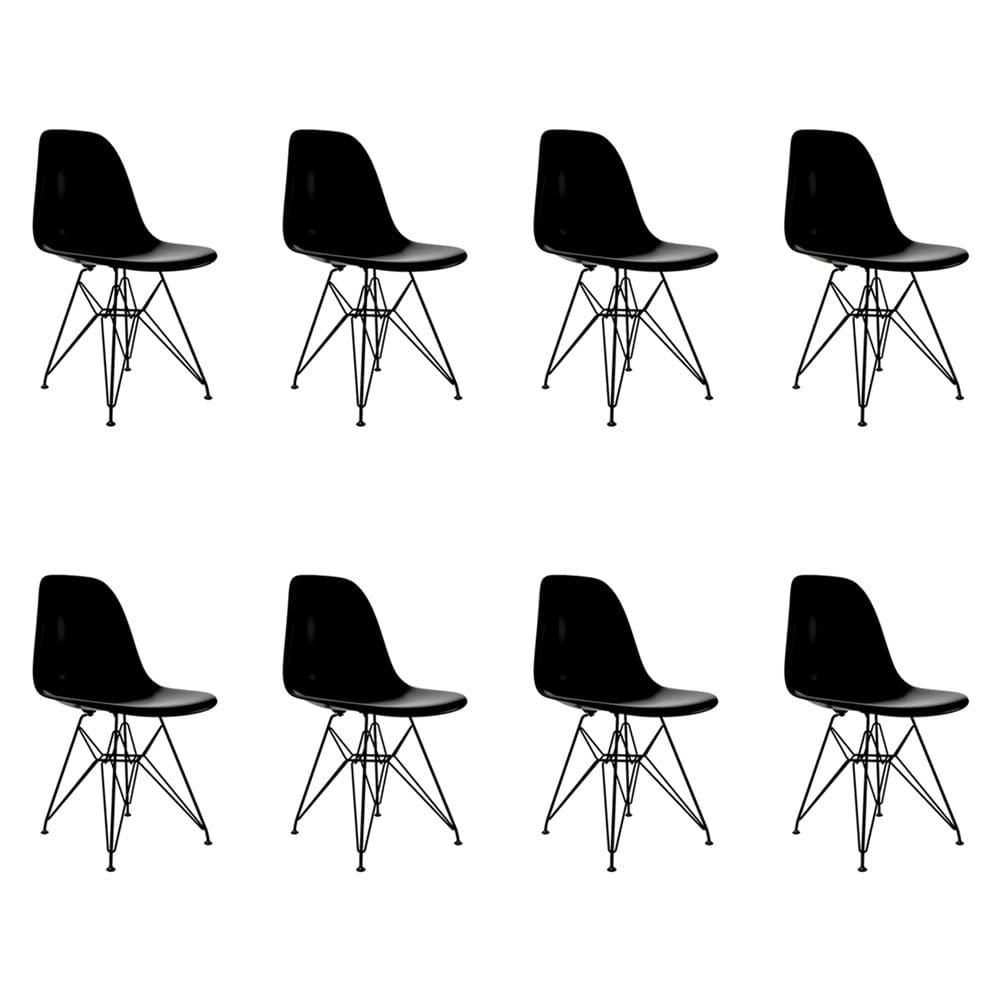 Kit 8 Cadeiras Jantar Assento Preto Eiffel Eames Base Ferro Preto