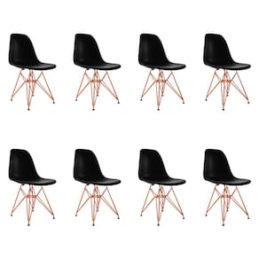 Kit 8 Cadeiras Jantar Assento Preto Eiffel Eames Base Ferro Cobre