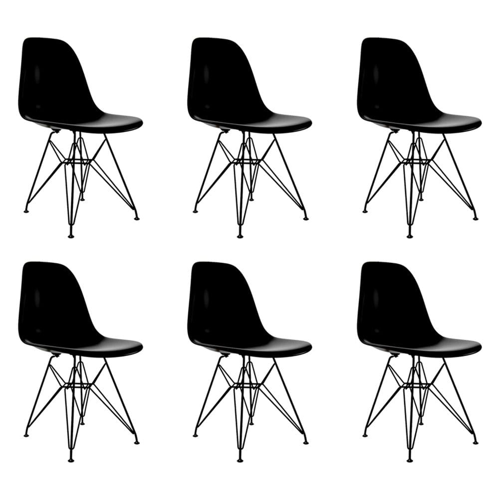 Kit 6 Cadeiras Jantar Assento Preto Eiffel Eames Base Ferro Preto