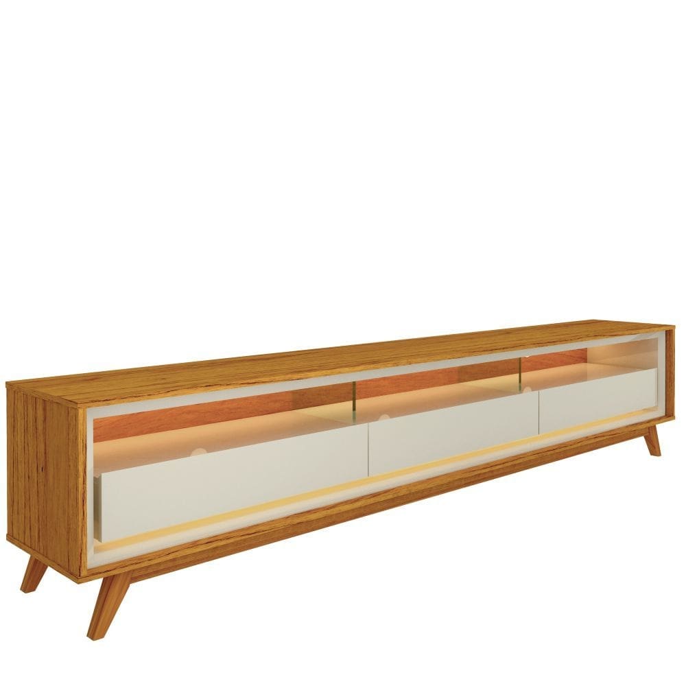 Rack Bancada para TV de 85” Gelius Requinte com 03 gavetas LED e pés de madeira Naturale OFF White