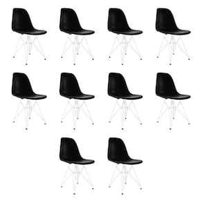Kit 10 Cadeiras Jantar Assento Preto Eiffel Eames Base Ferro Branco