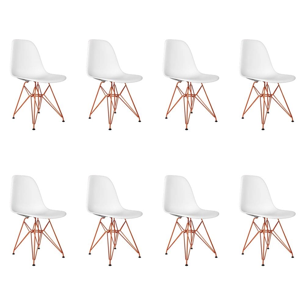 Kit 8 Cadeiras Jantar Assento Branco Eiffel Eames Base Ferro Cobre