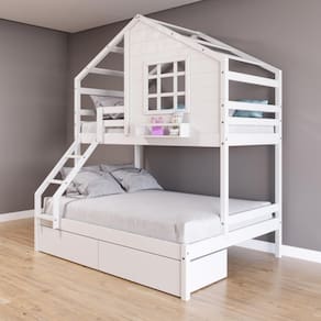 Beliche Casinha com Janela Casal/Solteiro com 02 Gavetas Madeira Maciça Branco Housin