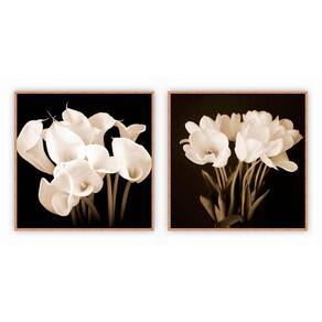 Kit Com 2 Quadros Decorativos Florais Com Moldura Para Sala Quarto Escritório 72x72 Floral 012